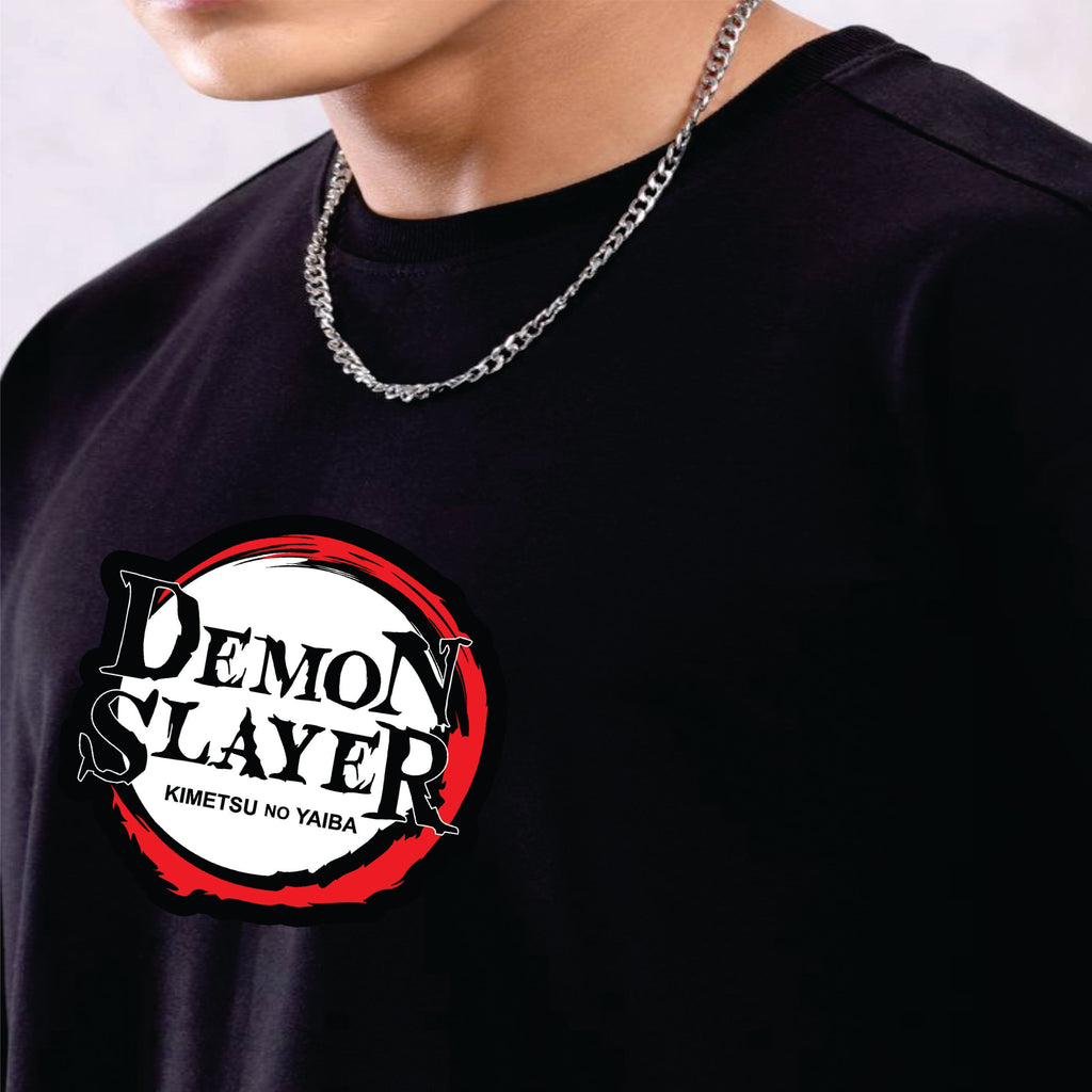 Black t-shirt with 'Demon Slayer' logo worn by a person
