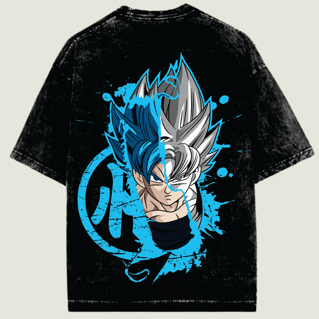 Black t-shirt with a graphic of a character with blue hair and white spiky hair on a beige background