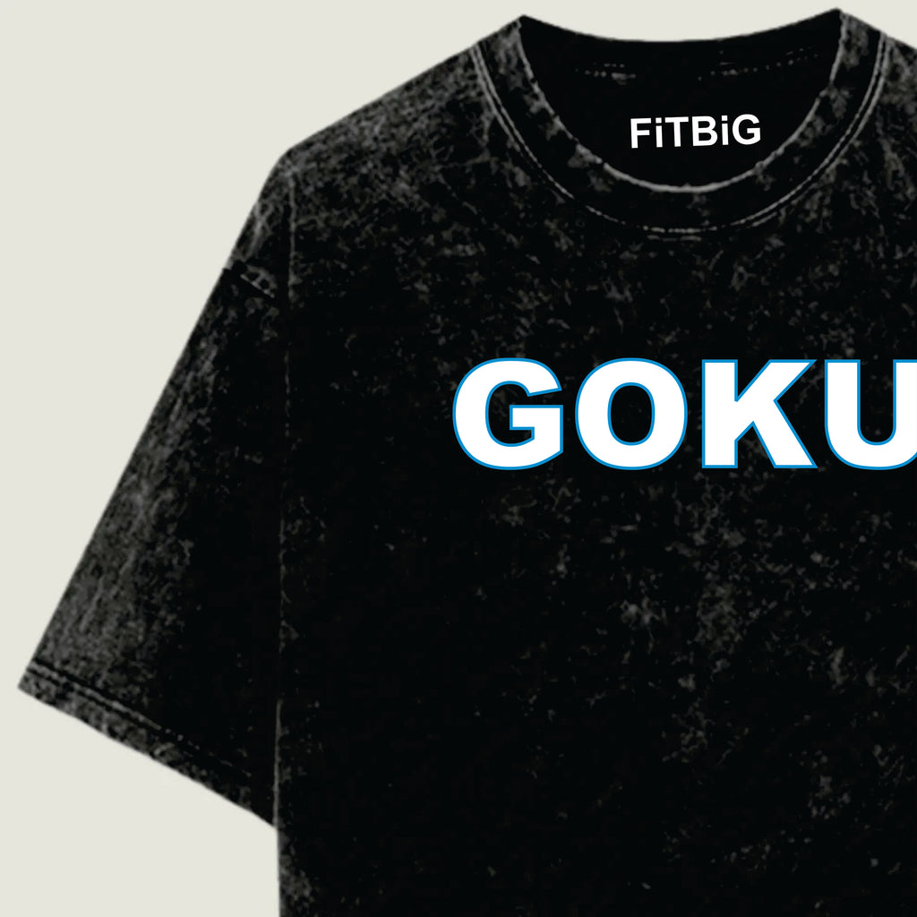 Black t-shirt with 'GOKU' printed in white on a beige background