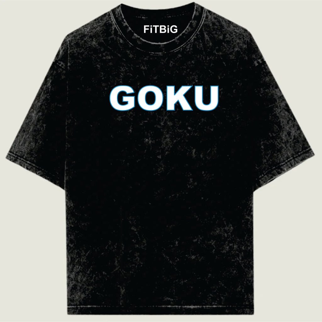 Black t-shirt with 'GOKU' printed on it against a light background