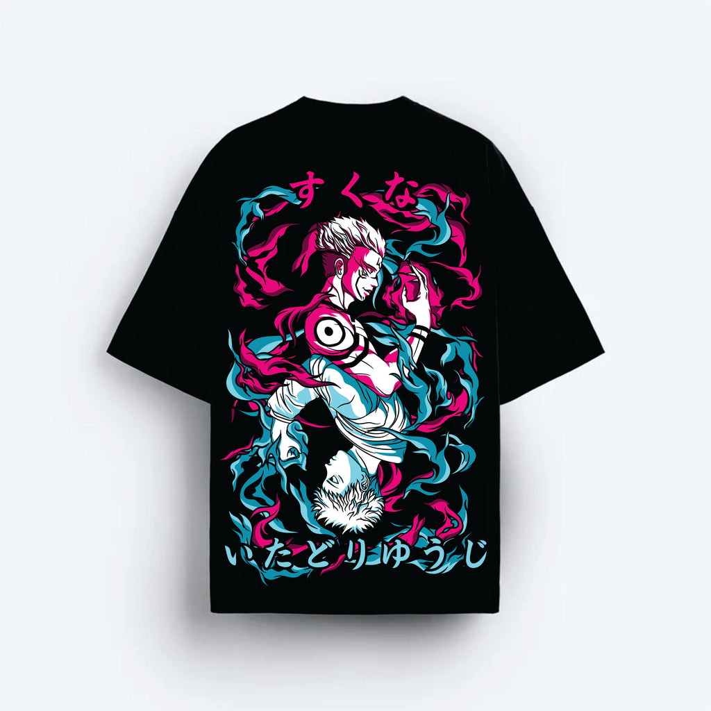 Black t-shirt with colorful graphic JUJUTSU design on a white background