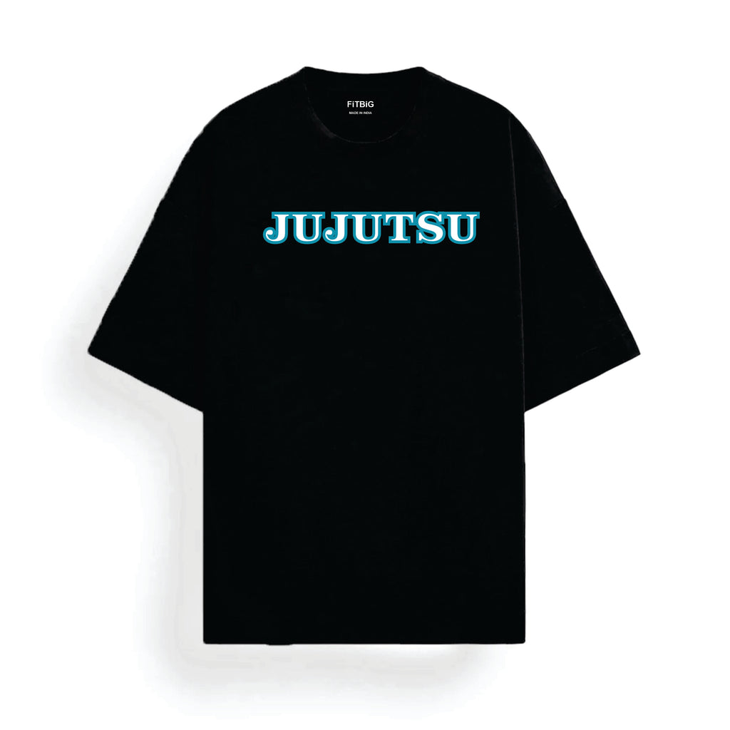 Black t-shirt with 'JUJUTSU' printed in blue on a white background