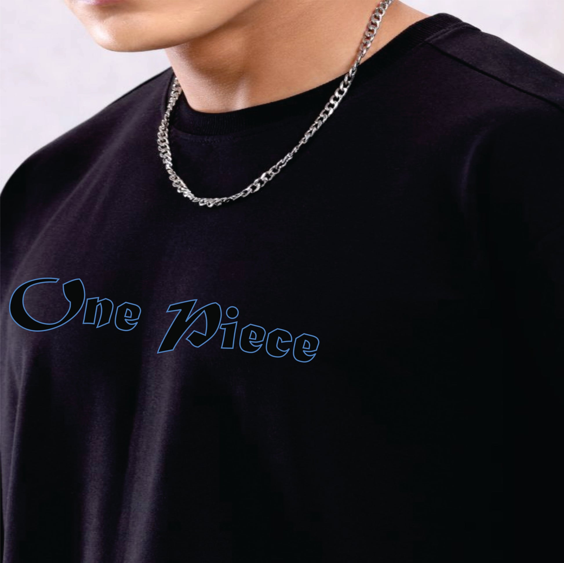 Black t-shirt with 'One Piece' text and a silver chain necklace.