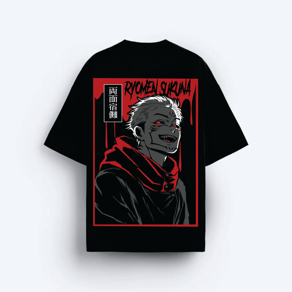 Black t-shirt with a graphic design of a character SUKUNA  in a red and black outfit on a white background