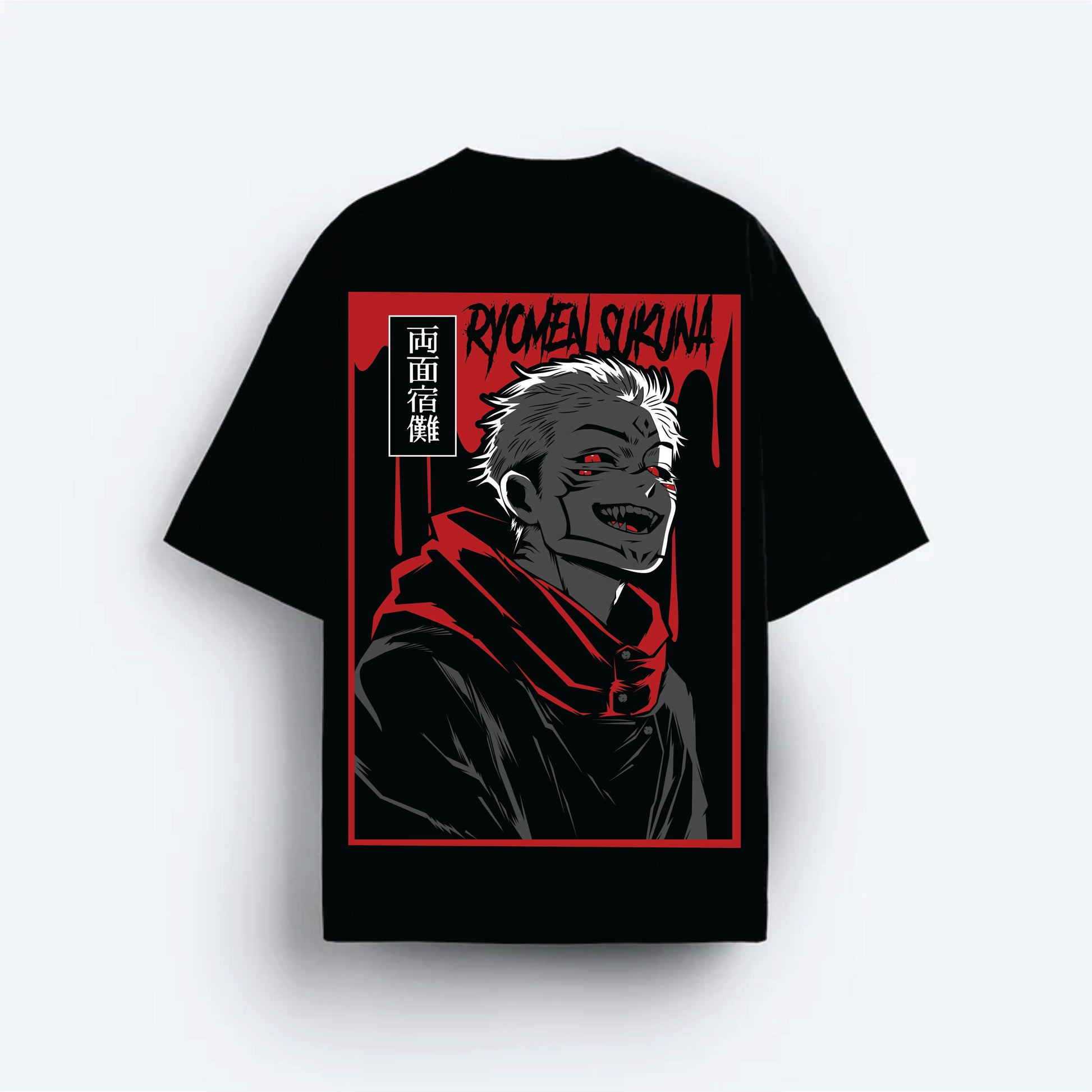 Black t-shirt with a graphic design of a character SUKUNA  in a red and black outfit on a white background