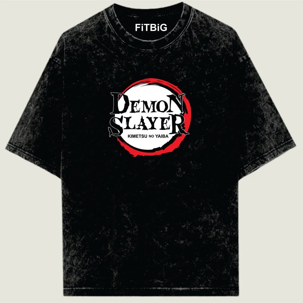 Black t-shirt with 'Demon Slayer' logo on a beige background