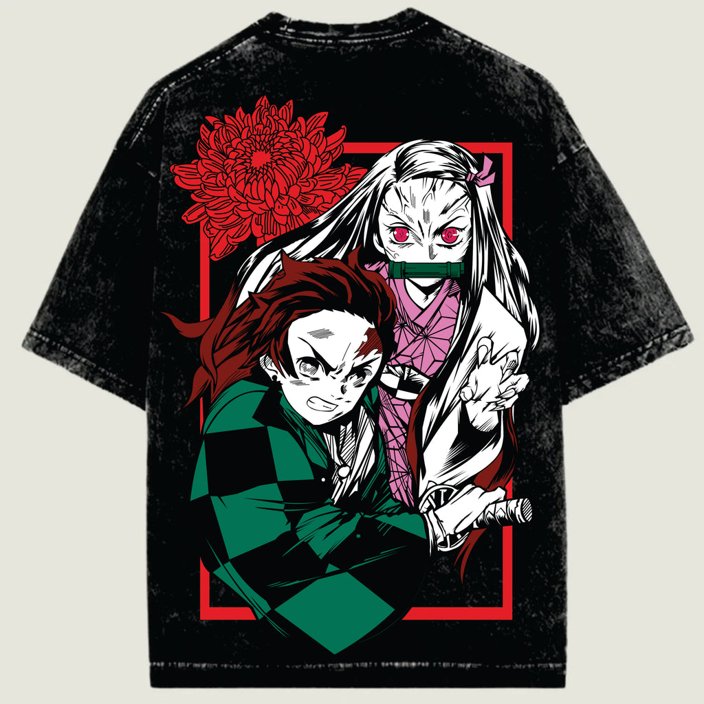 Black t-shirt with anime-style characters and red flower design on a beige background