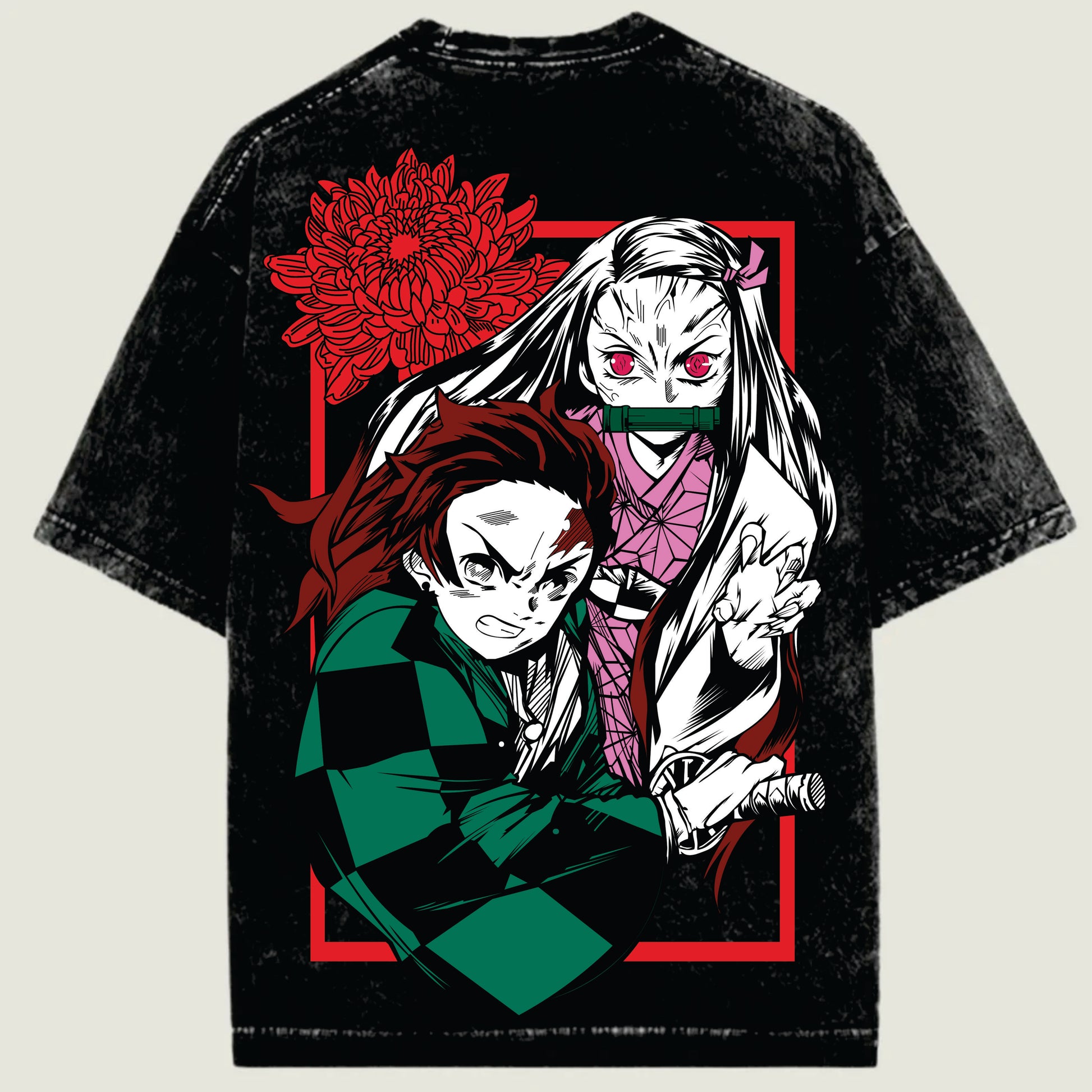 Black t-shirt with anime-style characters and red flower design on a beige background