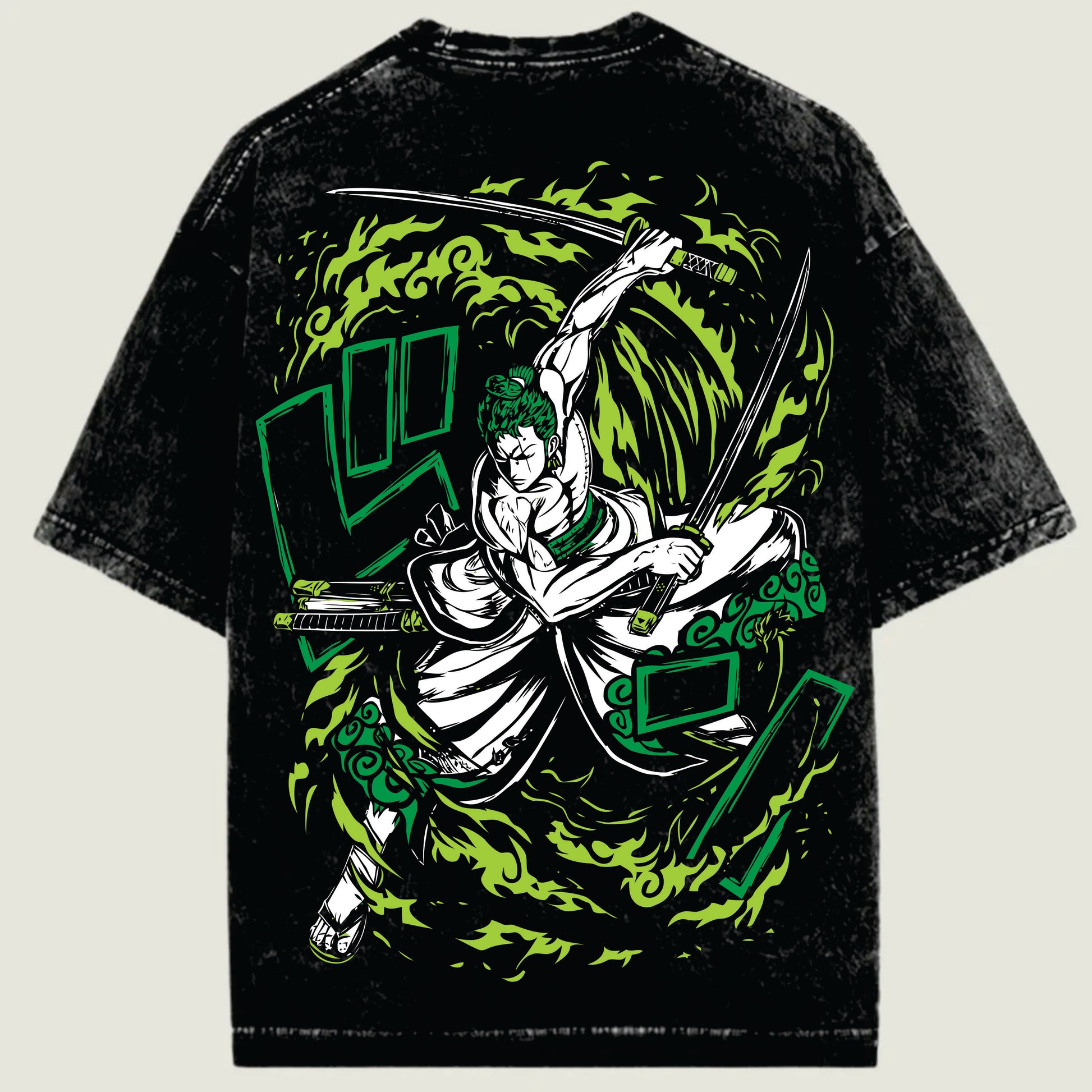 Black t-shirt with a green and white graphic design of ZORO warrior holding a sword on a beige background
