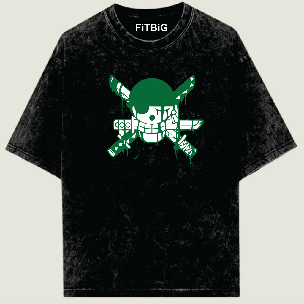 Black t-shirt with green graphic design and 'FITBIG' branding on a beige background