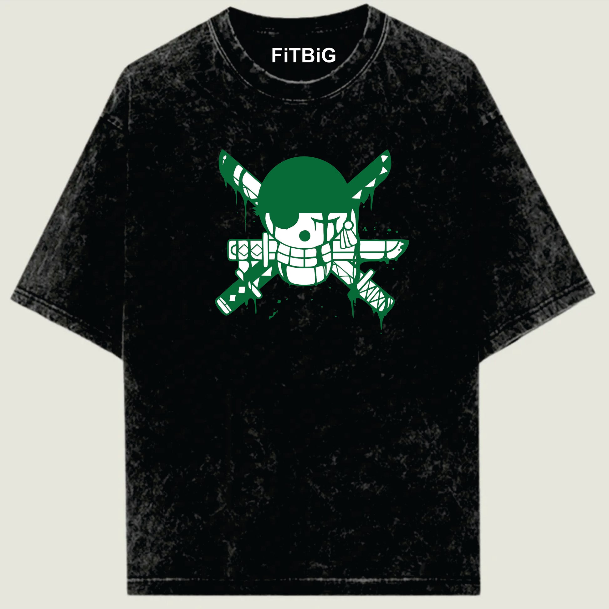Black t-shirt with green graphic design and 'FITBIG' branding on a beige background