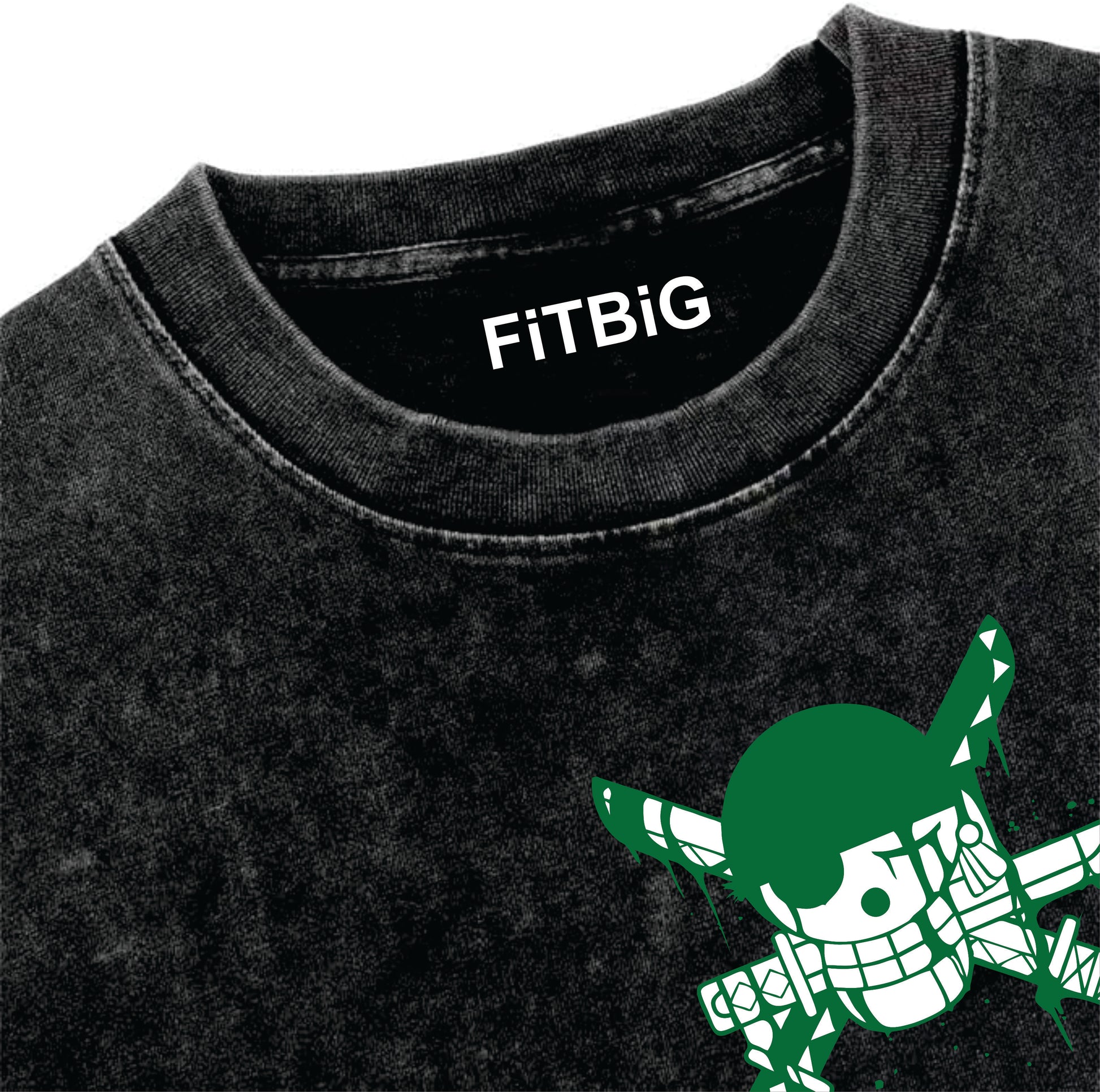 Black t-shirt with green graphic design and 'FiTBiG' branding on a white background