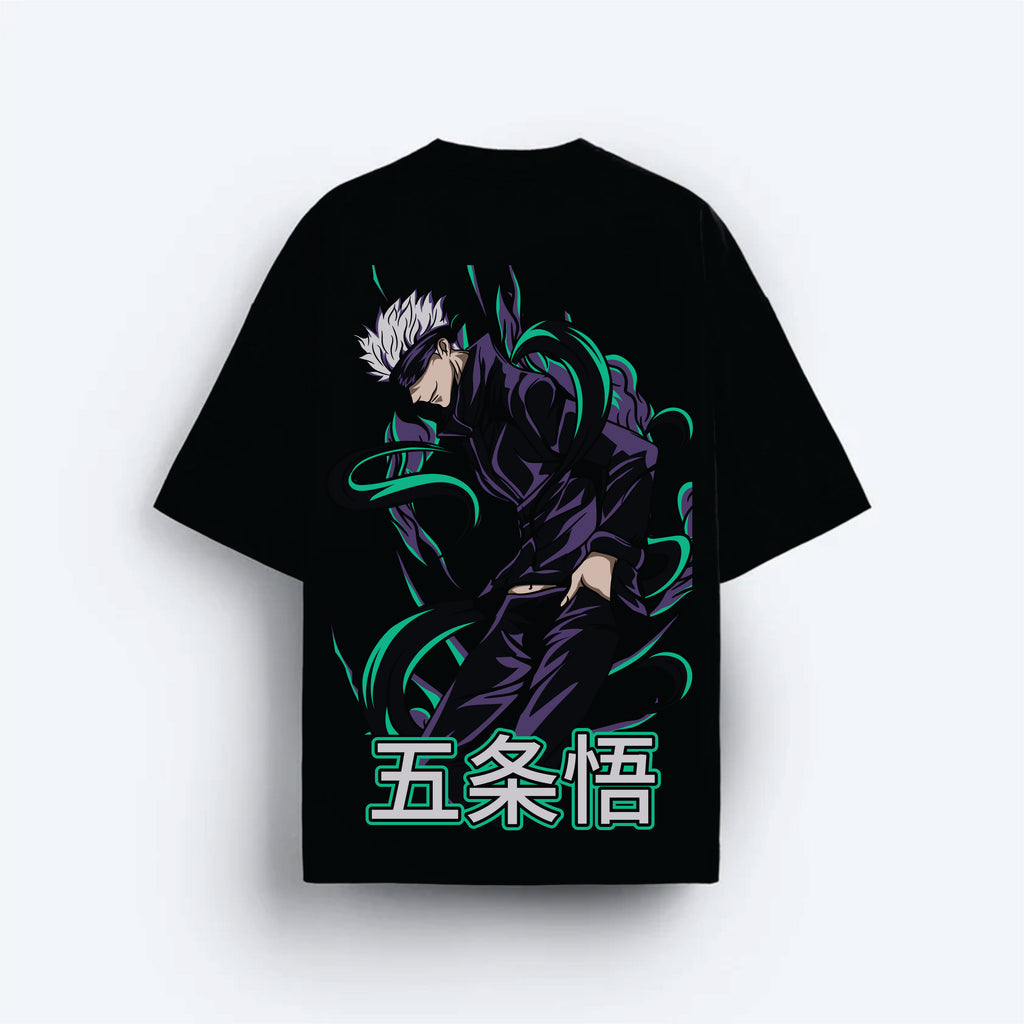 Black t-shirt with a graphic design of a character and green text on a white background