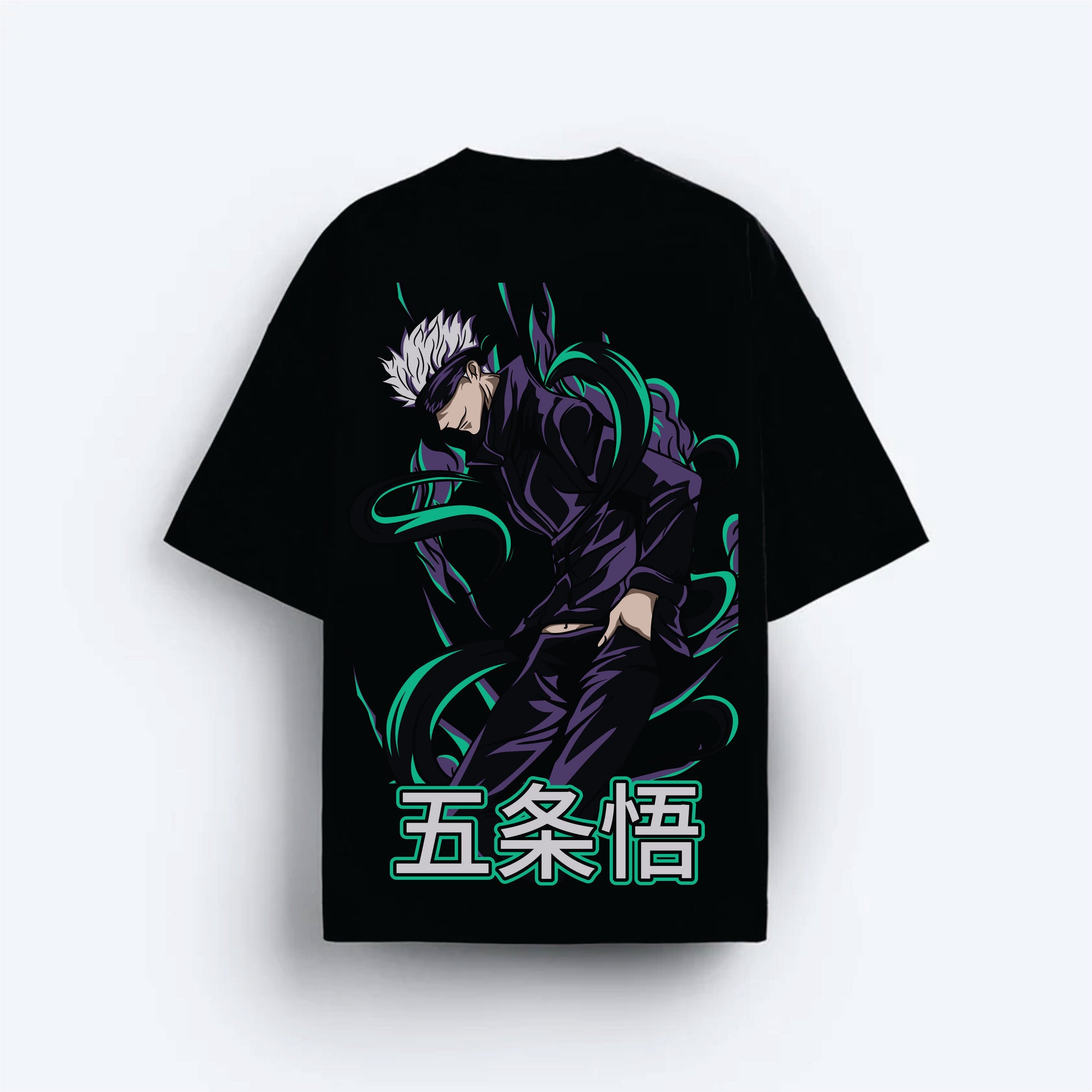 Black t-shirt with a graphic design of a character and green text on a white background