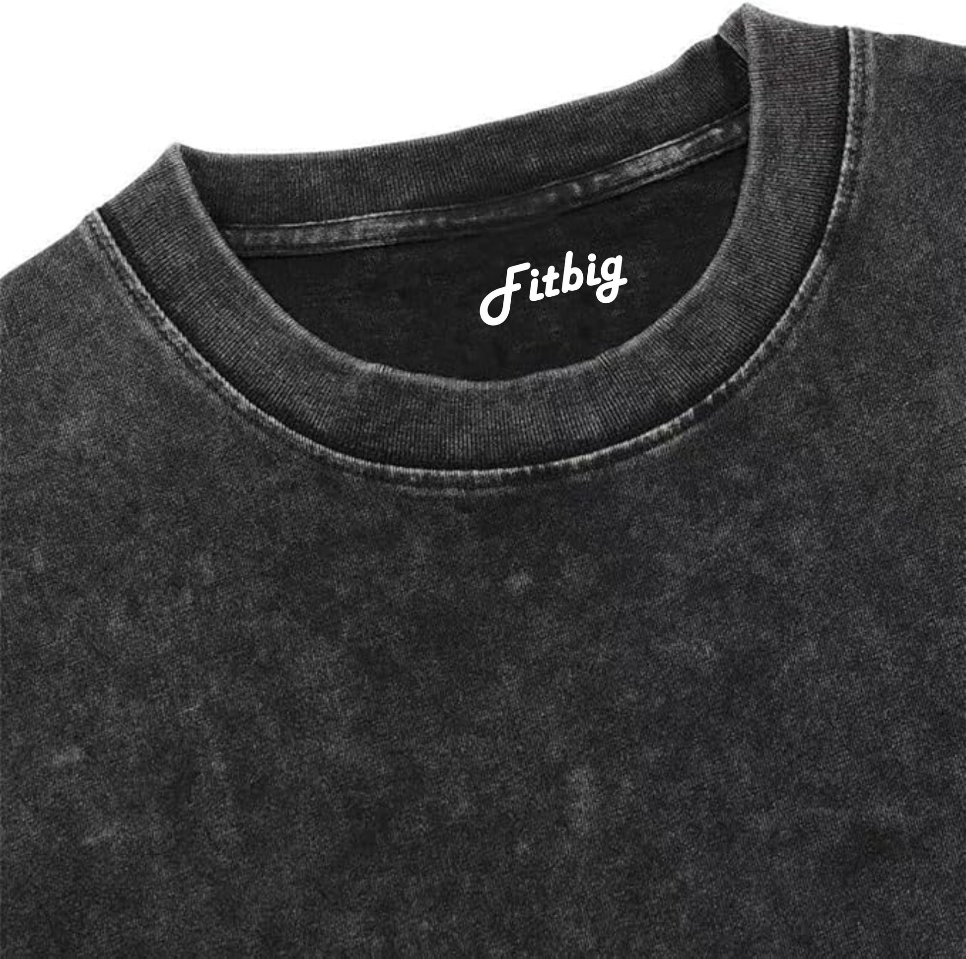 Close-up of a black shirt with 'Fitbig' logo on a white background