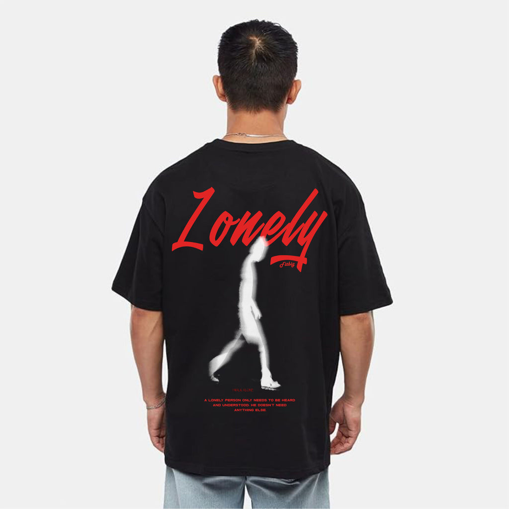Person wearing a black t-shirt with 'Lonely' text and graphic on the back, on a white background