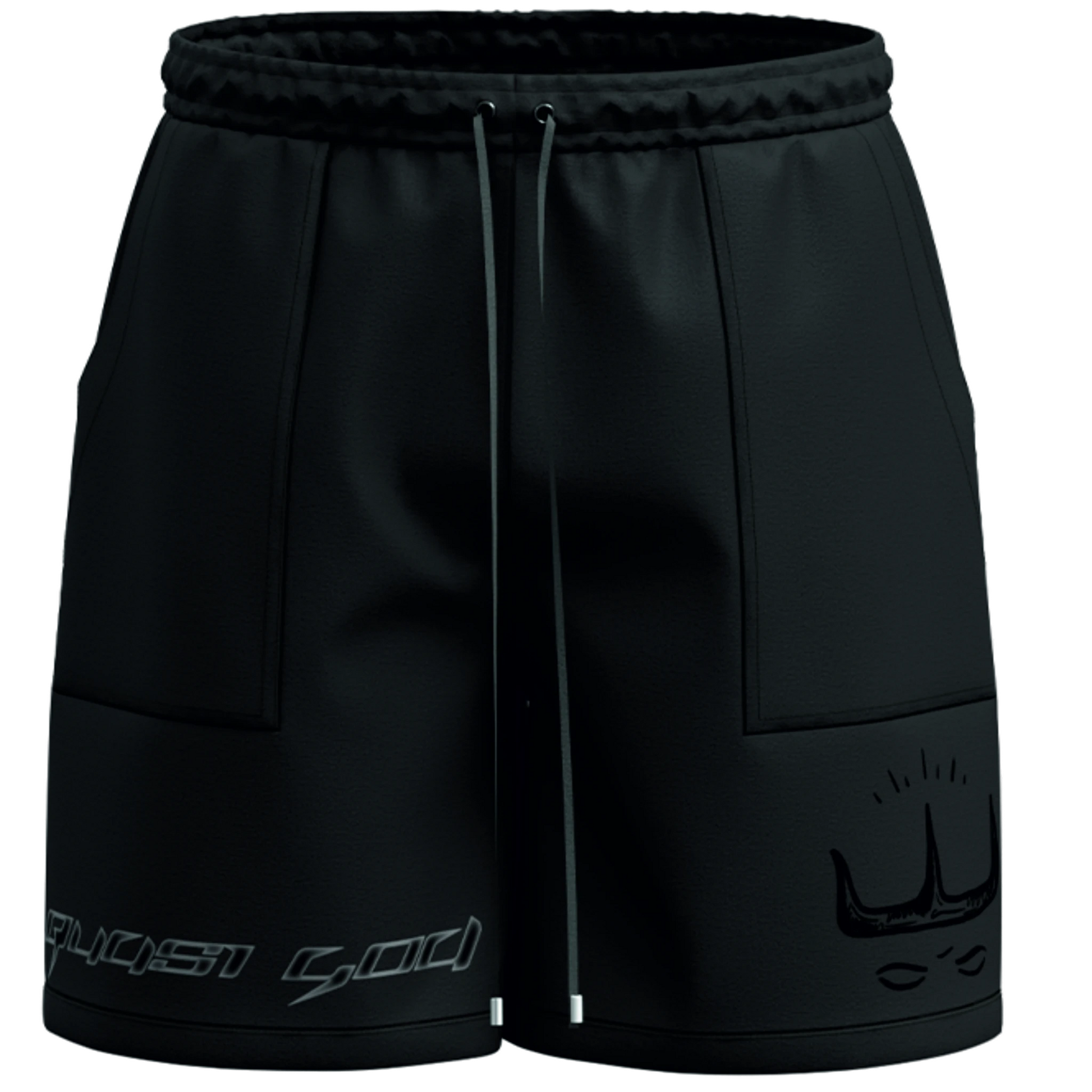 Black shorts with a brand logo on a white background