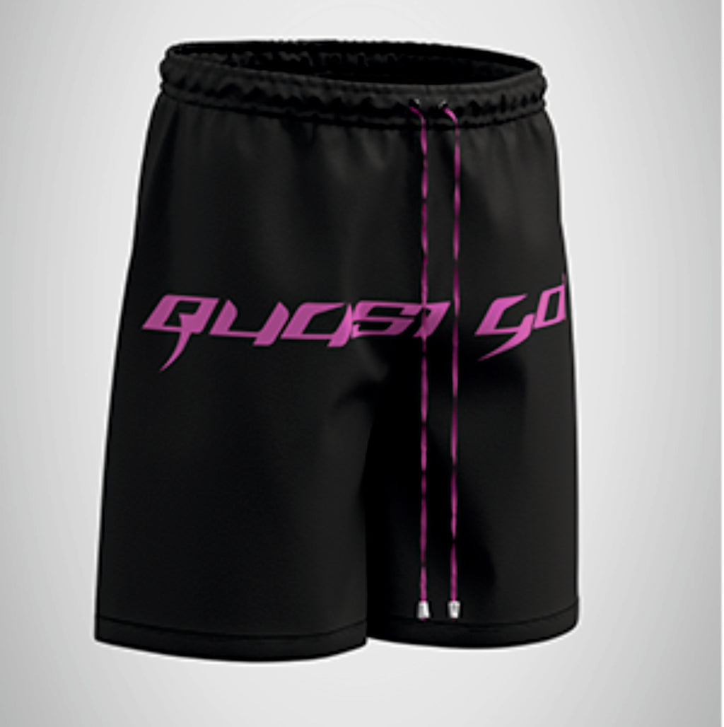Black shorts with purple text and accents on a light gray background