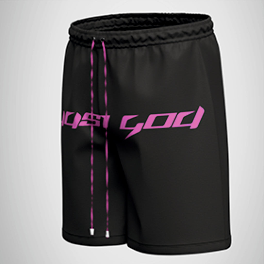 Black shorts with purple text and design on a light gray background