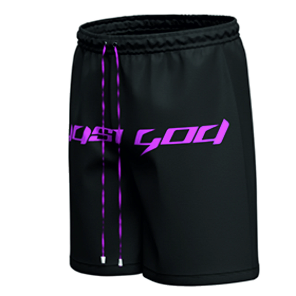 Black shorts with purple text and accents on a white background