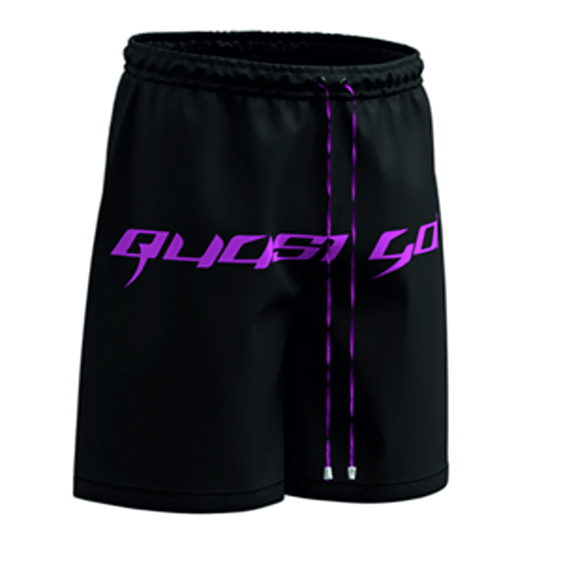 Black shorts with purple 'Quest Go' logo on a white background