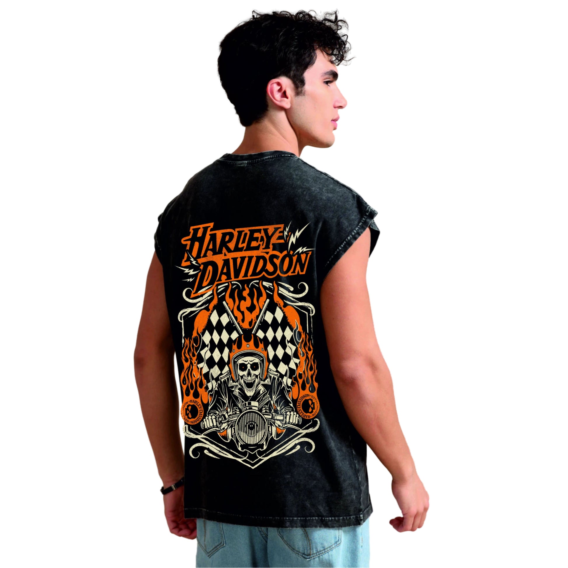 Person wearing a black sleeveless shirt with Harley Davidson logo and design.