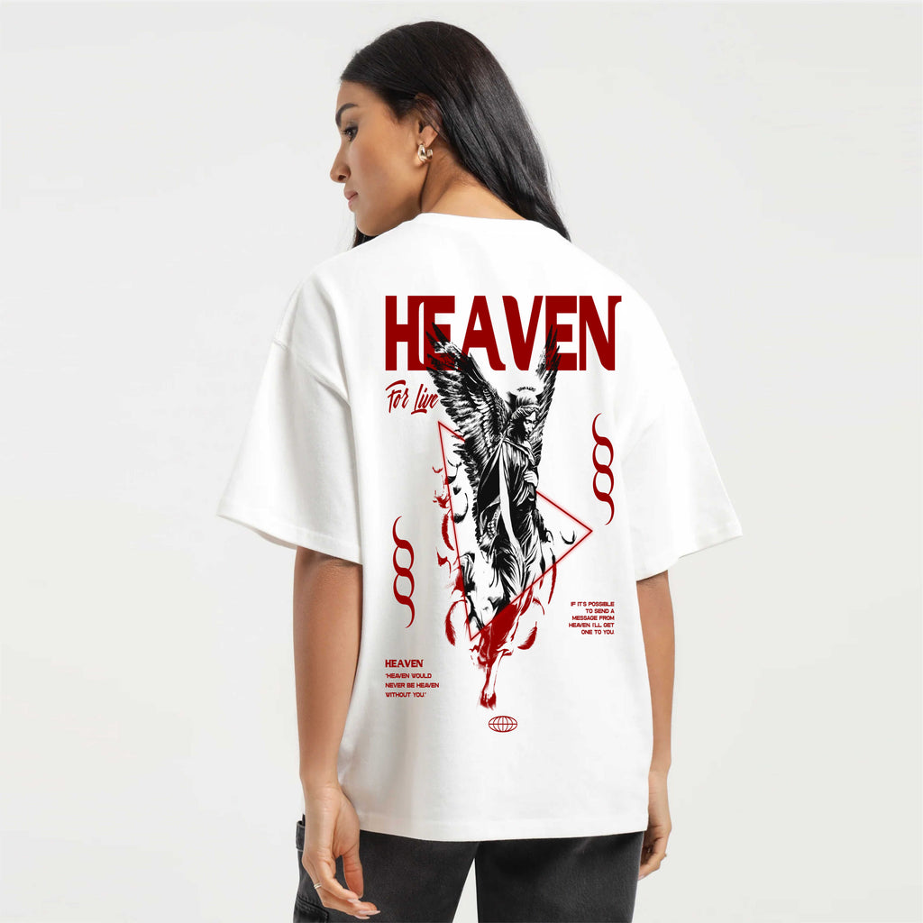 Person wearing a white t-shirt with red and black graphics and text on the back.