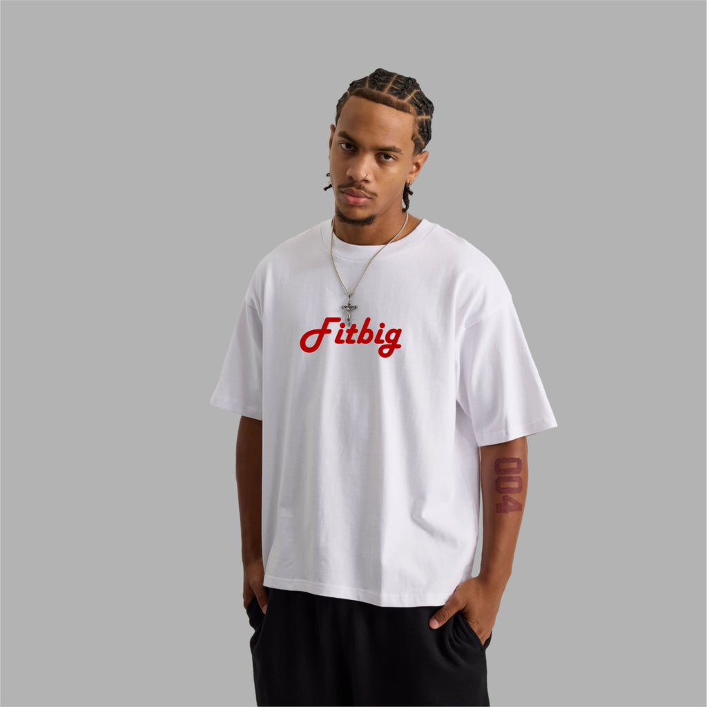 Person wearing a white t-shirt with 'Fitbig' logo on a gray background