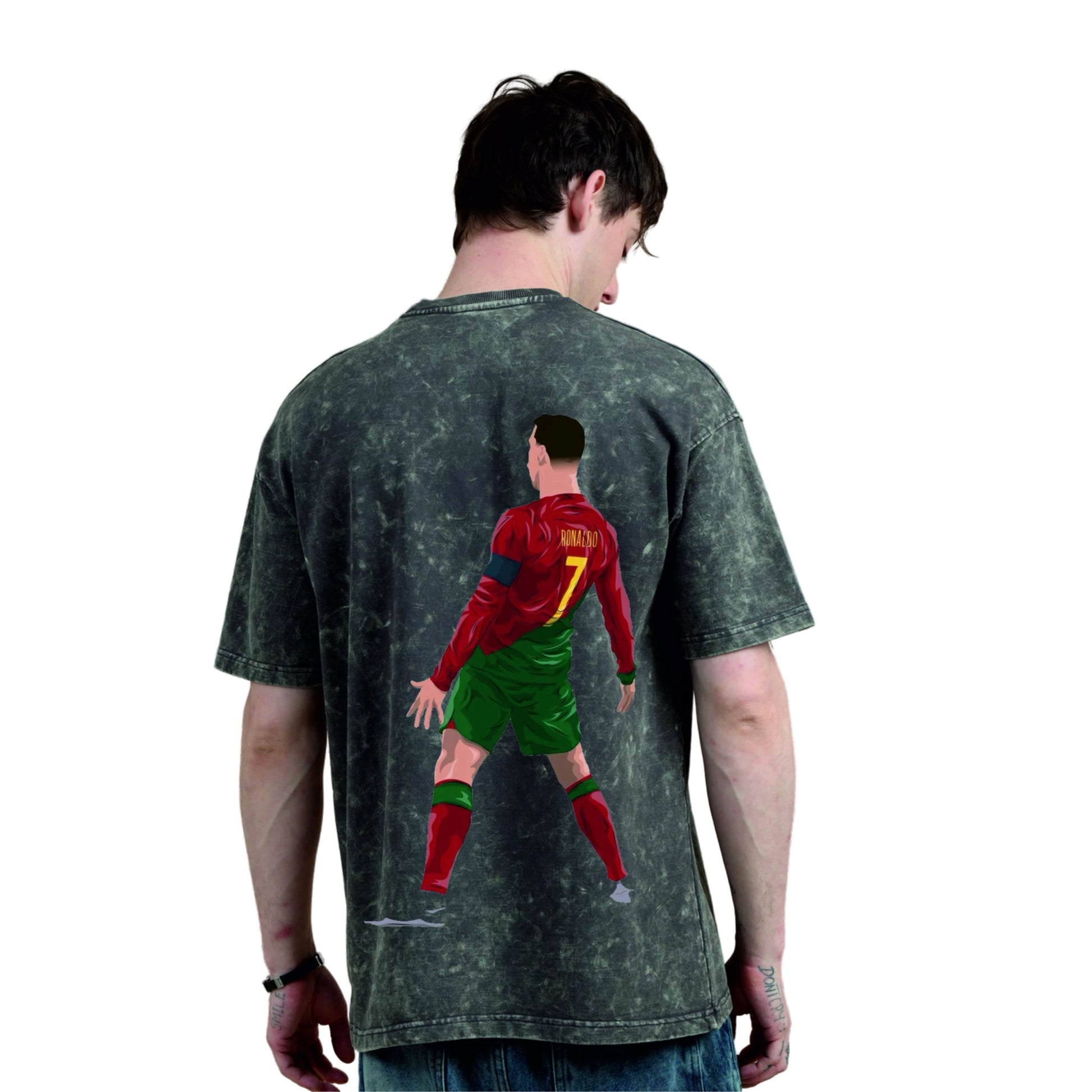 Person wearing a t-shirt with a graphic of a soccer player Ronaldo on the back