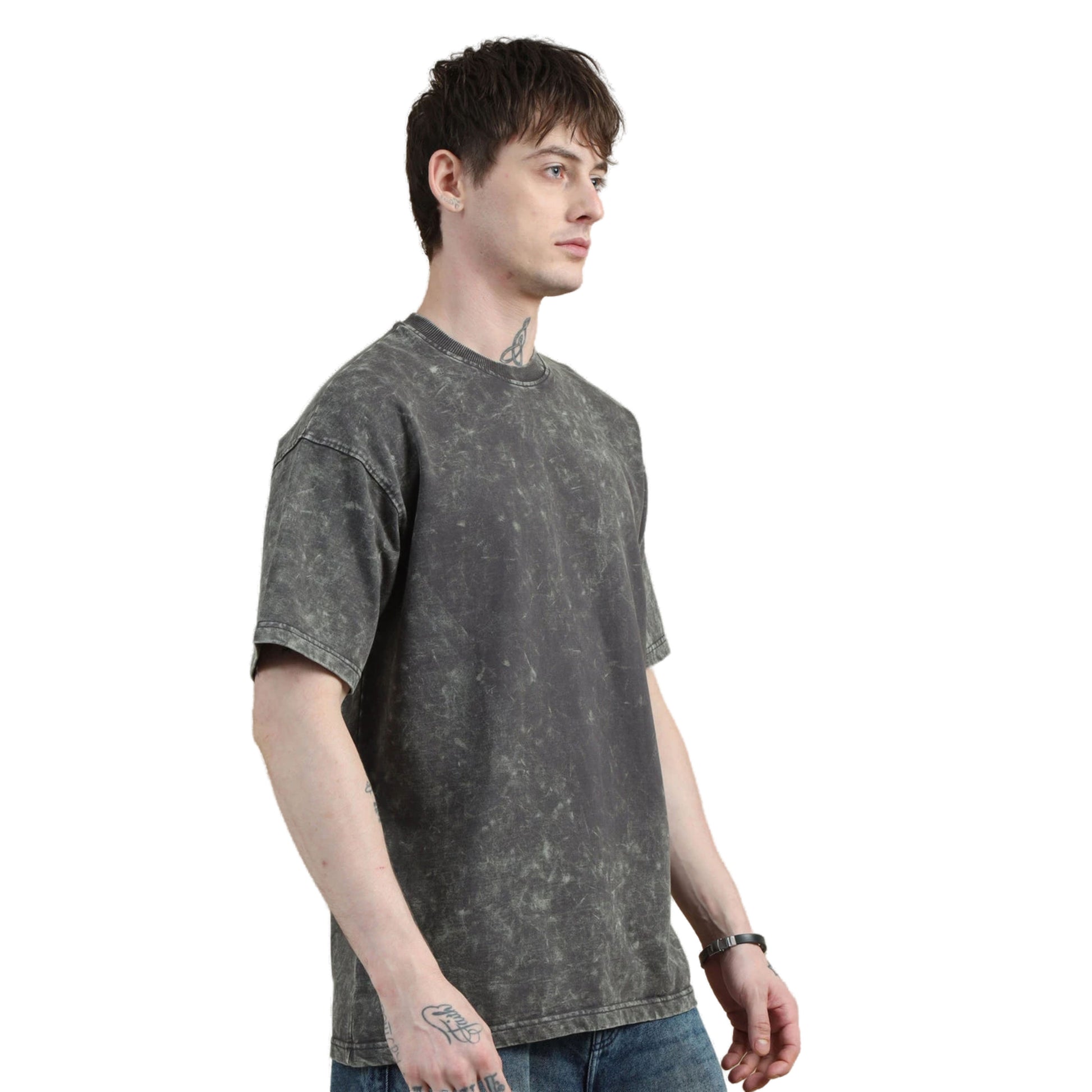 Man wearing a dark gray t-shirt on a white background