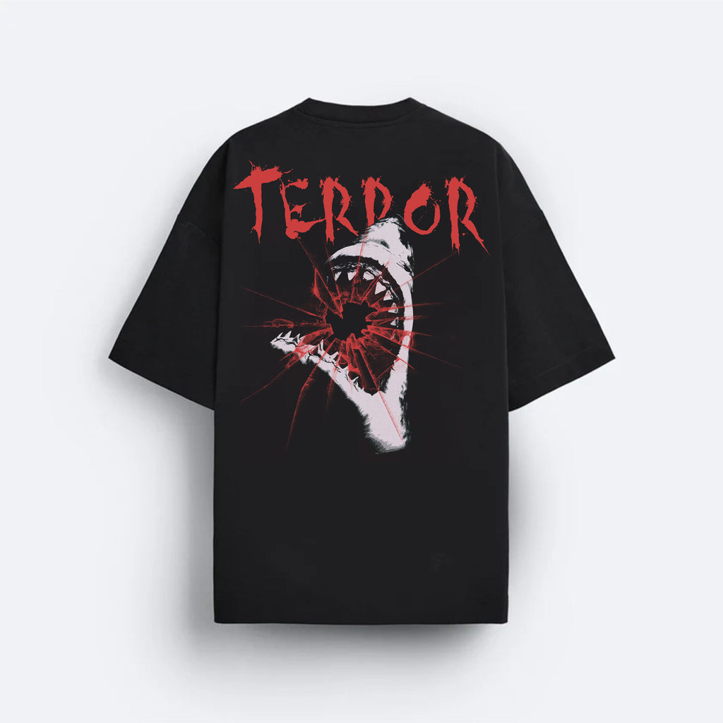 Black t-shirt with a graphic design and 'TERROR' text on a white background