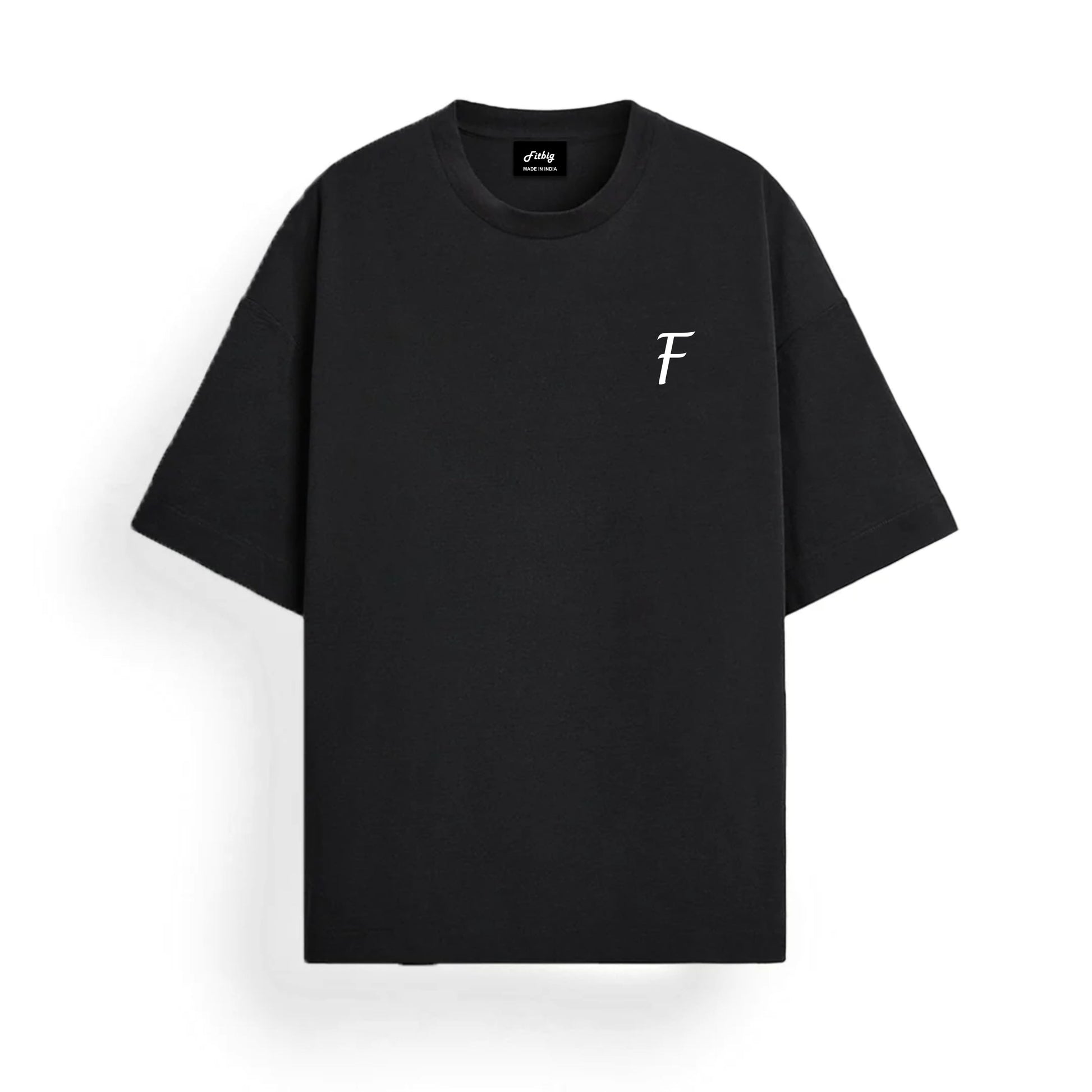 Black t-shirt with a white logo on a white background