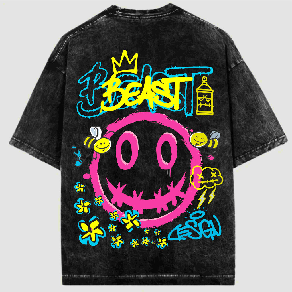 Black t-shirt with colorful graphic design on a gray background