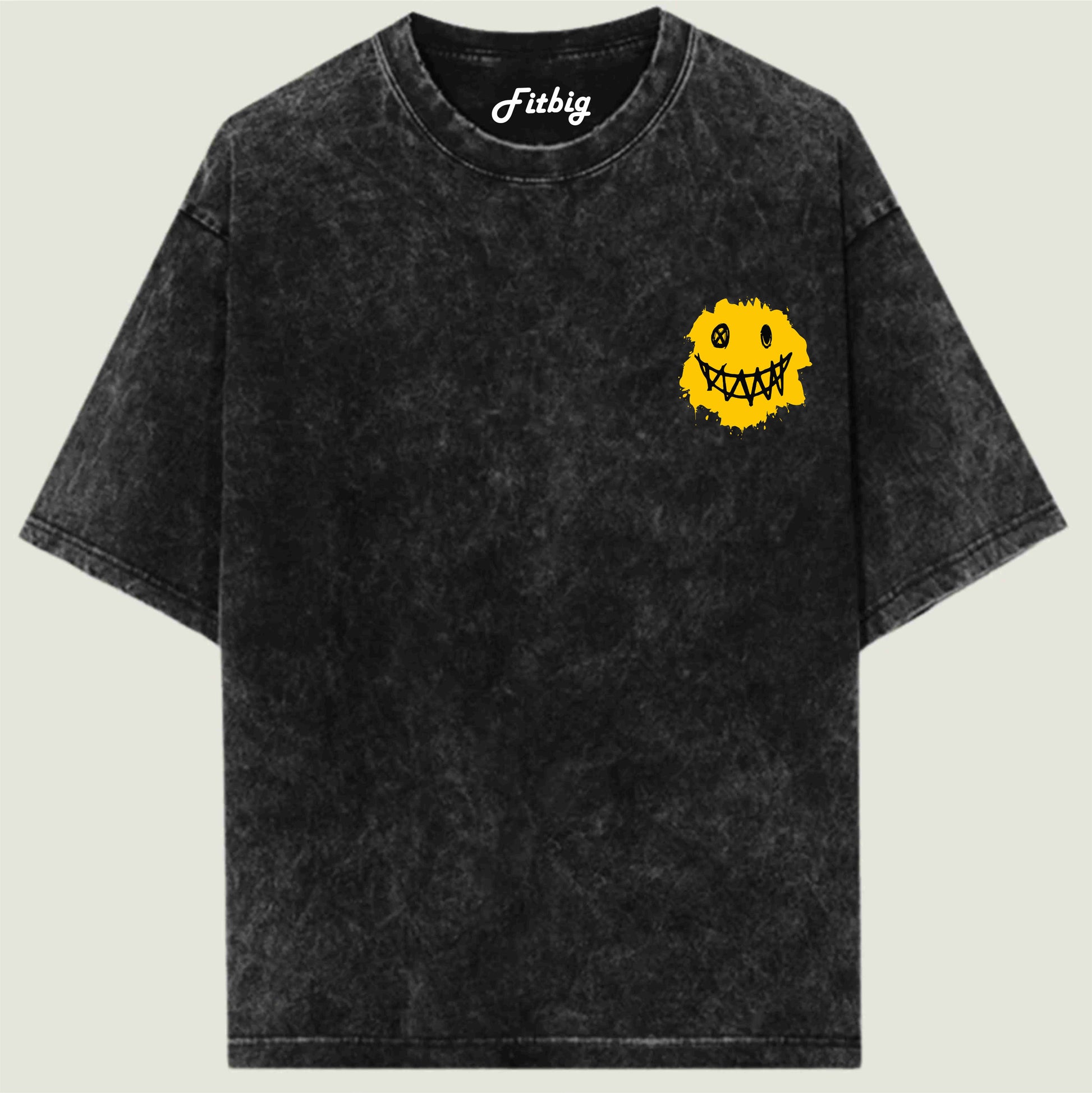 Black t-shirt with a yellow smiley face design on a light gray background
