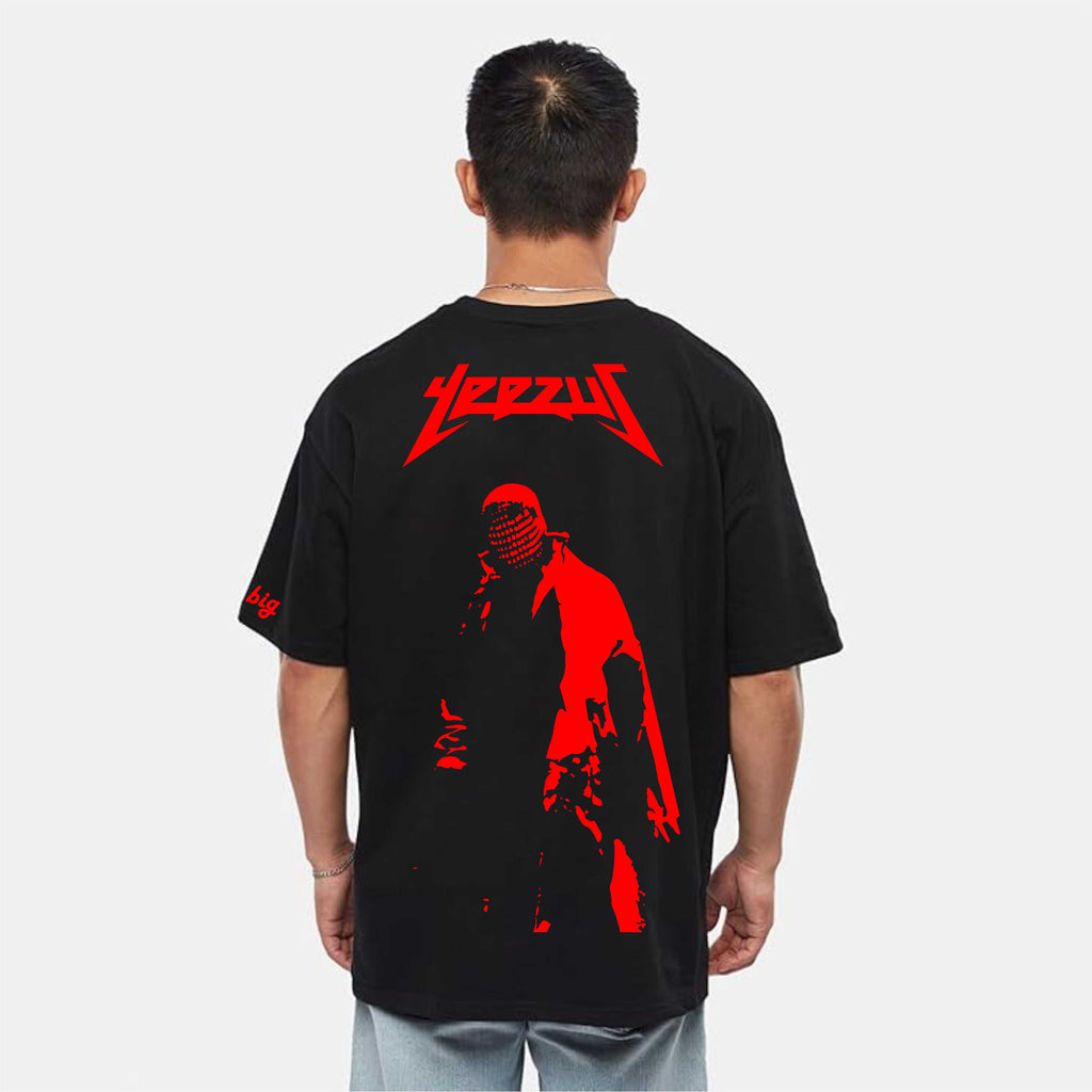 Person wearing a black t-shirt with red graphic design on the back, featuring the brand 'Zeus'.